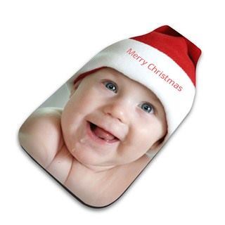 Waermflasche mit Foto eines Babys mit Nikolausmuetze