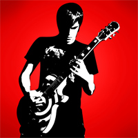 Pop Art Che mit einem Foto von einem Mann mit Gitarre auf rotem Hintergrund