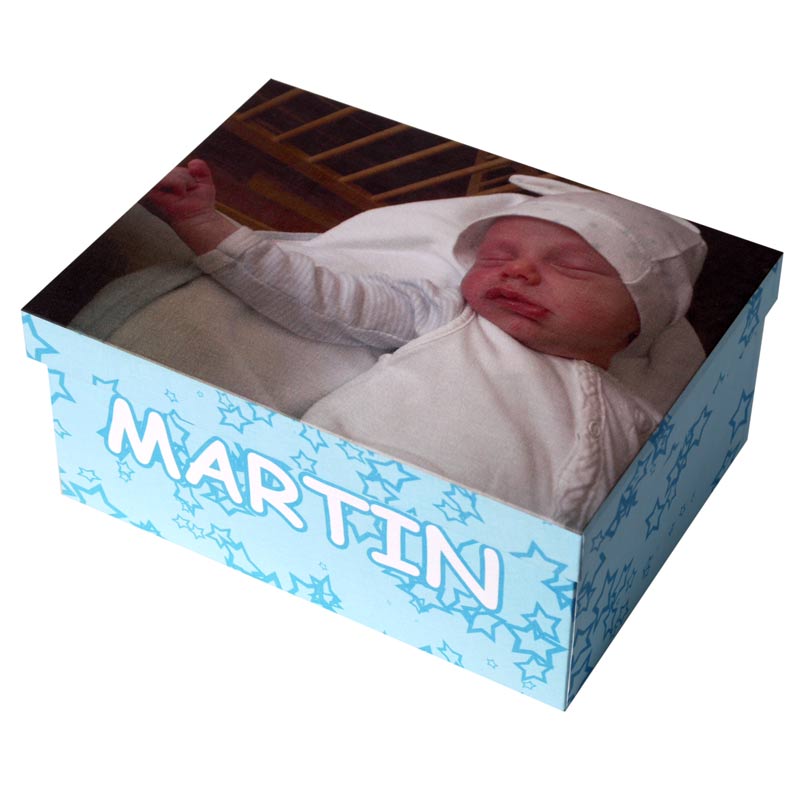 Eine Fotobox in blauem Design mit einem Foto eines babys