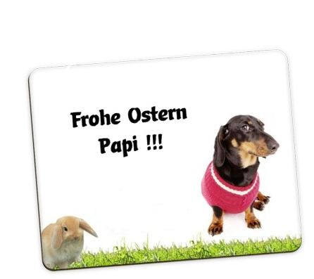 Foto Tischset mit Text und Foto eines Hundes und Ostermotiv