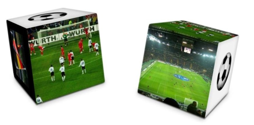Zwei Fotowürfel mit Fussballfotos bedruckt